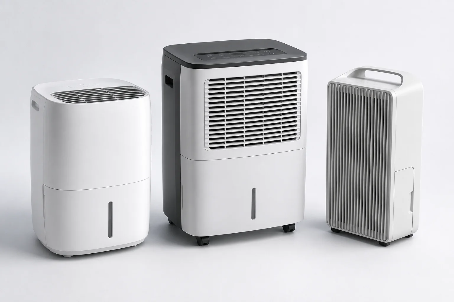 Illustrative compact, larger and slimline domestic dehumidifier designs